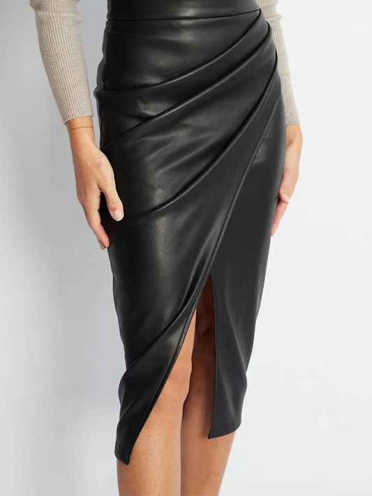 Chic PU Leather Midi Skirt with Front Slit