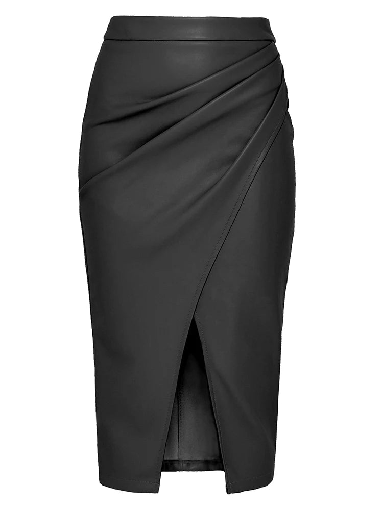 Chic PU Leather Midi Skirt with Front Slit