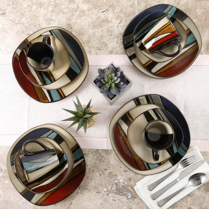 Stylish 16-Piece Dinnerware Set - Red Reactive Glaze, Service for 4