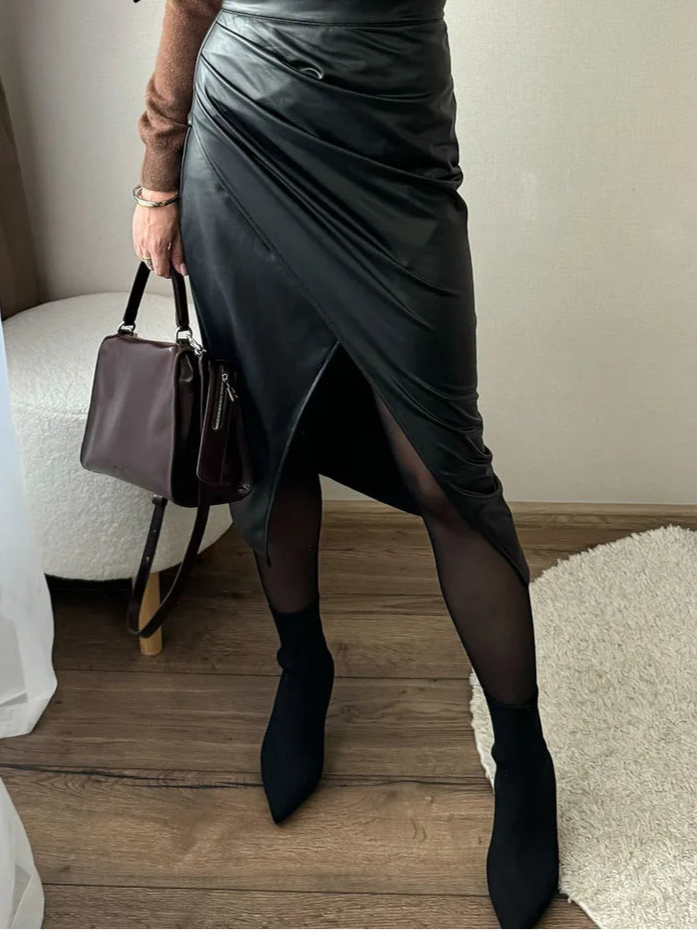 Chic PU Leather Midi Skirt with Front Slit