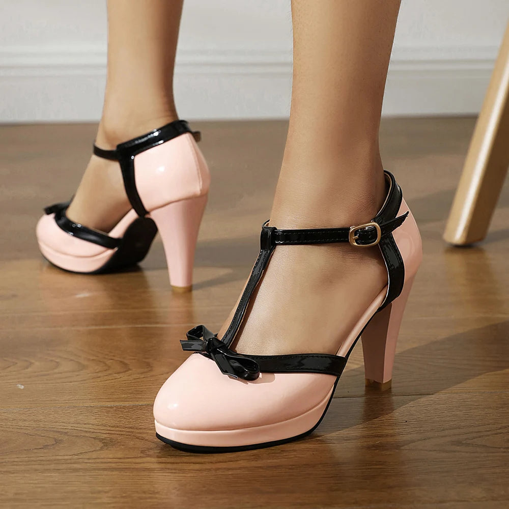 Women's Plus Size T-Strap Heels with Bow