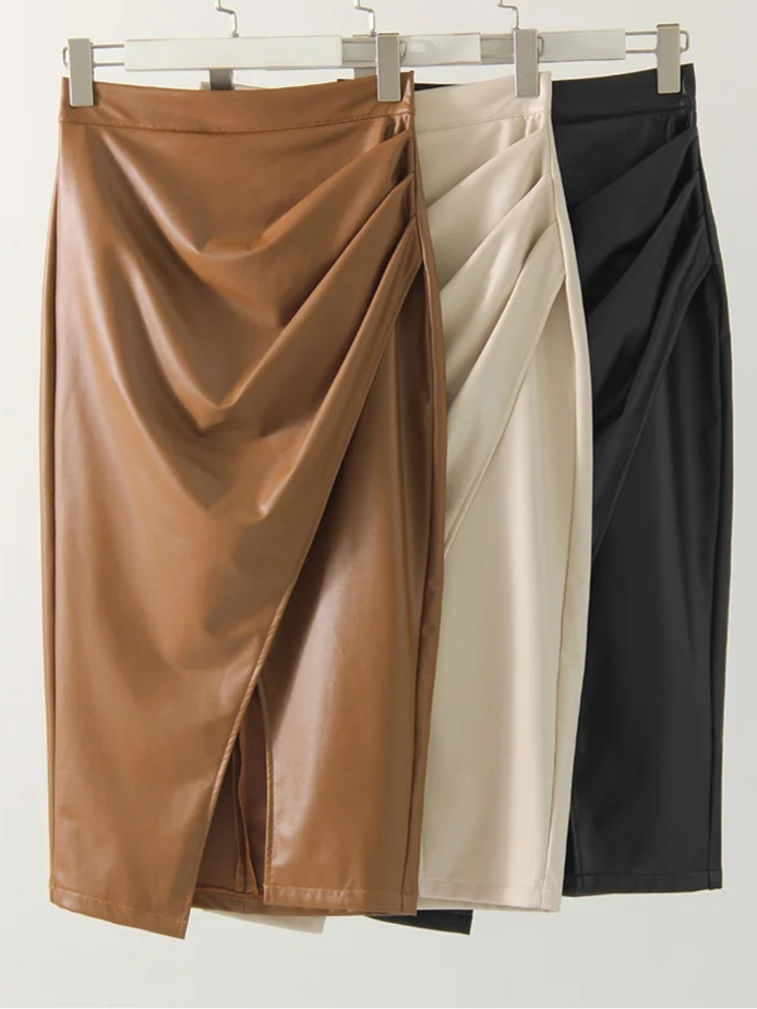 Chic PU Leather Midi Skirt with Front Slit