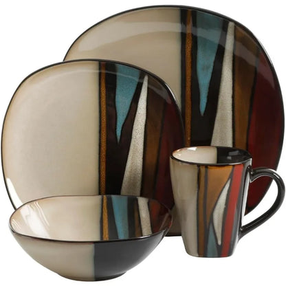 Stylish 16-Piece Dinnerware Set - Red Reactive Glaze, Service for 4