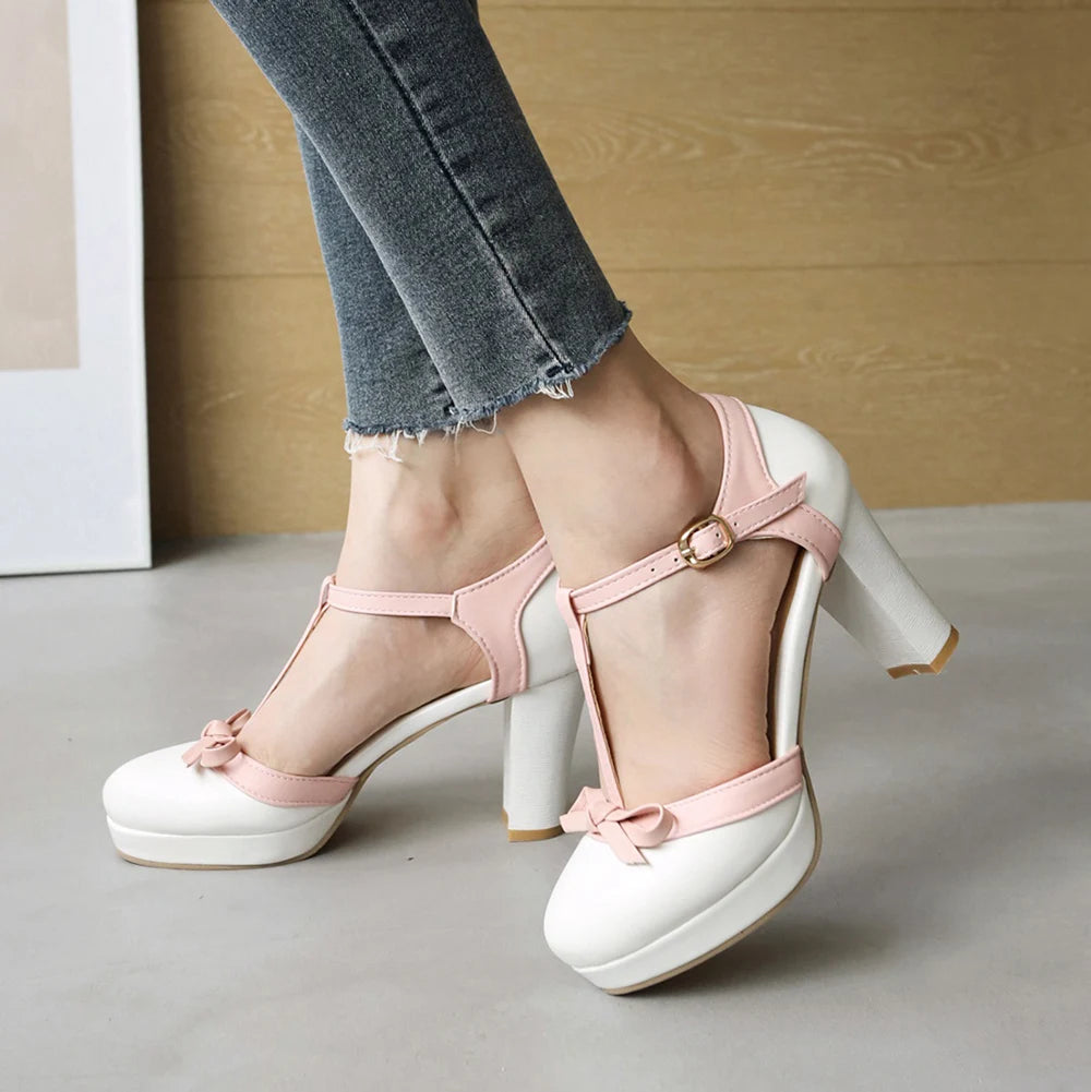 Women's Plus Size T-Strap Heels with Bow