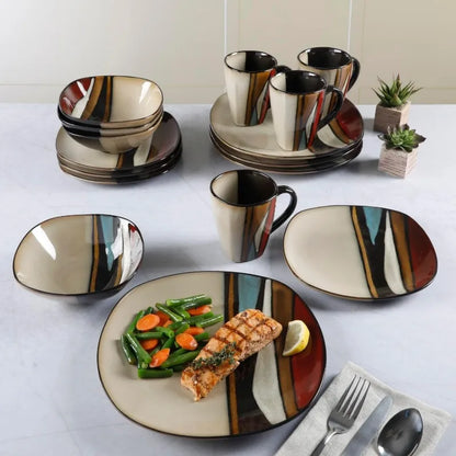 Stylish 16-Piece Dinnerware Set - Red Reactive Glaze, Service for 4